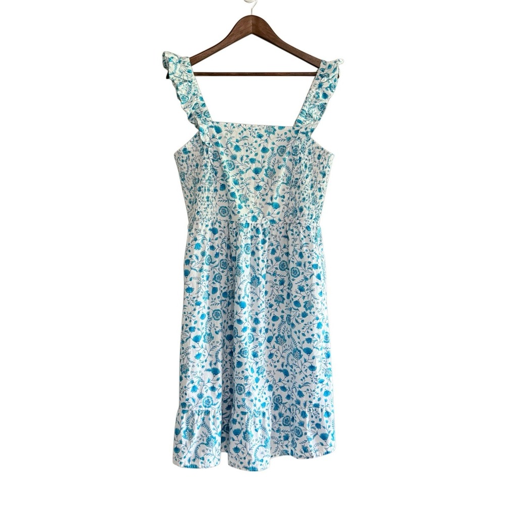Draper James Blue White Floral Ruffle Strap Midi Dress Cotton Cottage Smocked Lg